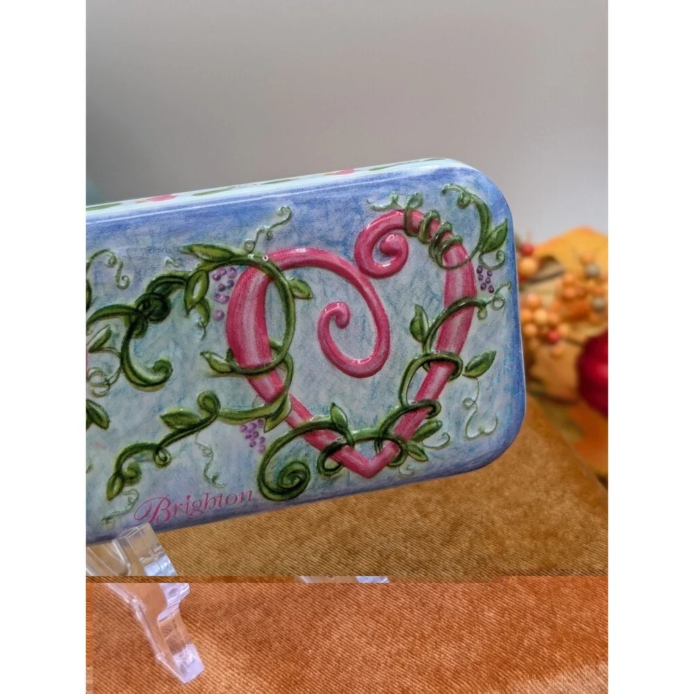 Brighton Metal Tin Case Long Pink Hearts Ivy Vines Jewelry Watch Box Vintage